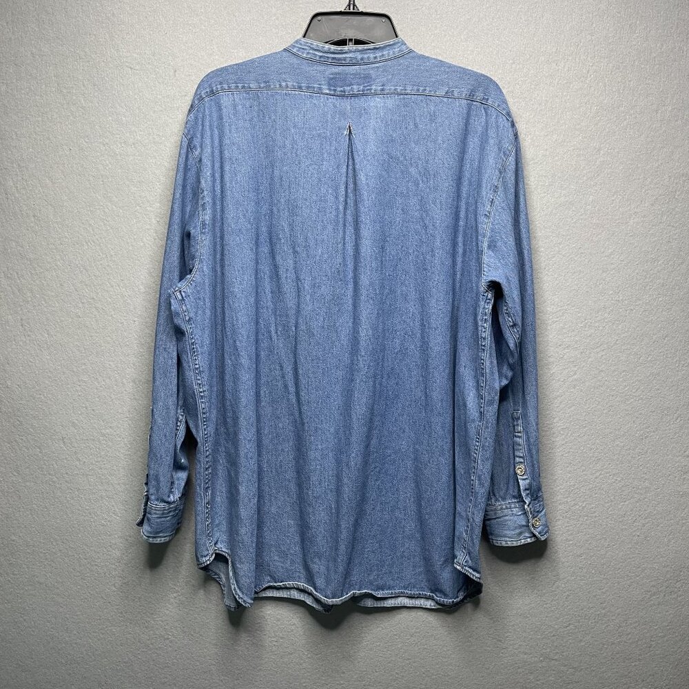 Vintage Venezia Denim Shirt L Blue Band Collar Silver Buttons Relaxed Fit - Picture 6 of 8